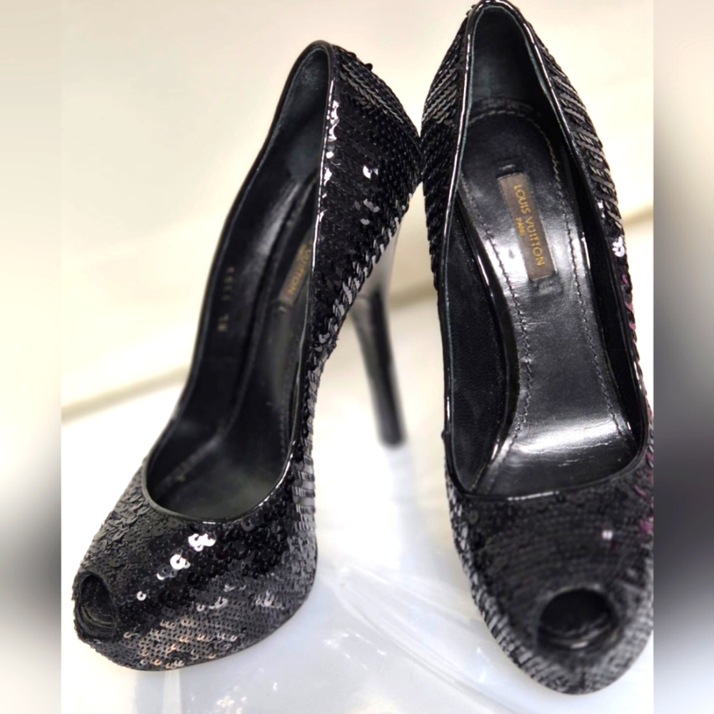Louis Vuitton Black Leather Sequin Peep Toe Platform Pumps Heels